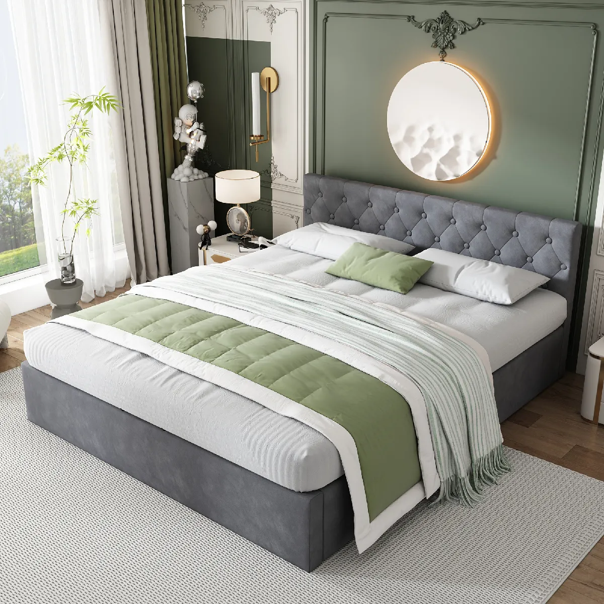 Lit coffre velours 140x200 cm capitonné–Gris sans matelas