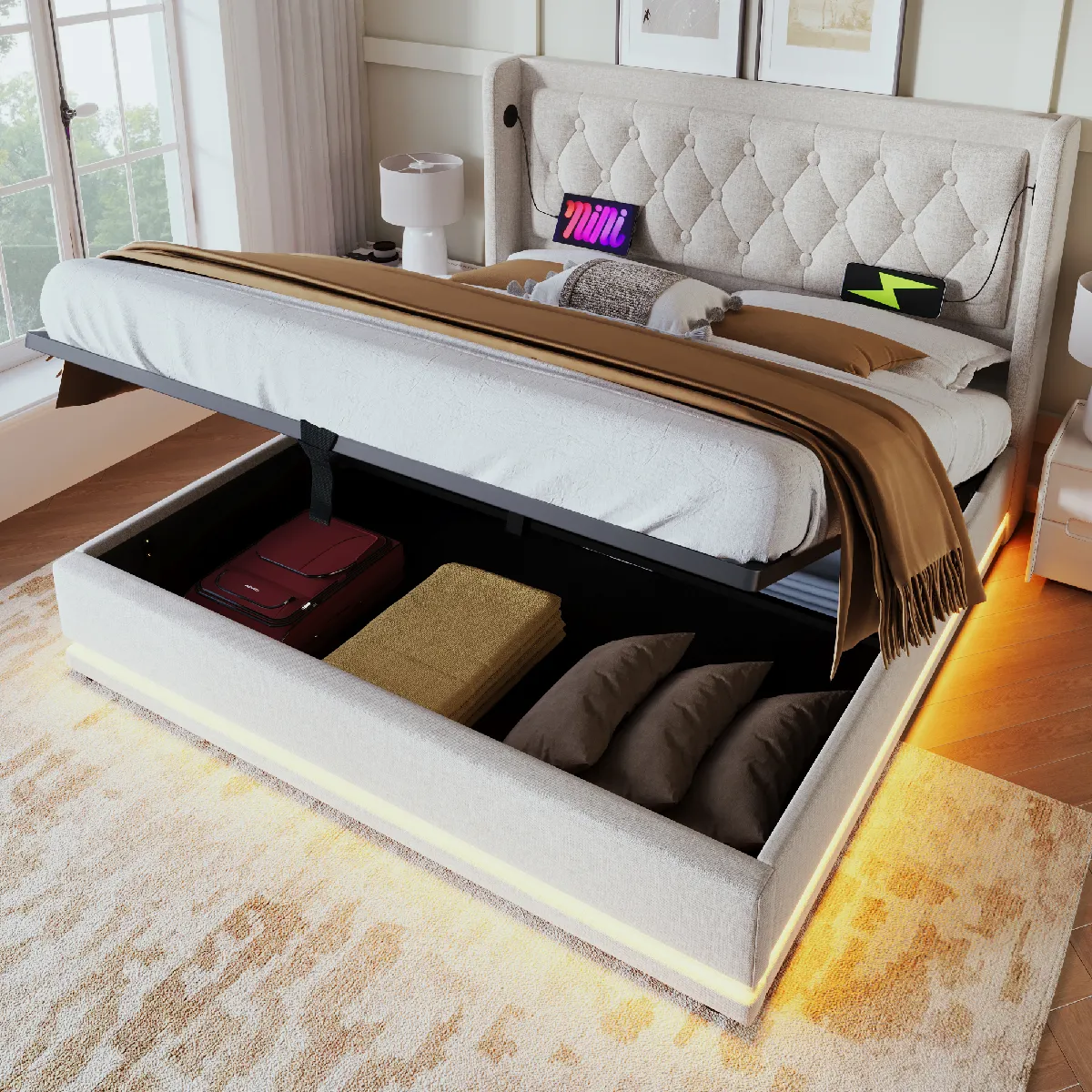 Lit coffre 160x200 cm - Lit capitonné USB - Beige
