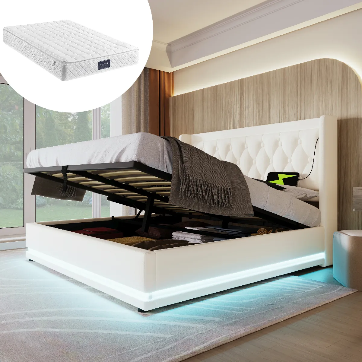 Lit Coffre 160x200 Cm Avec Rangement Et LED - Sommier à Lattes, Ports USB/C - Blanc, Idéal Chambre Adulte - 10