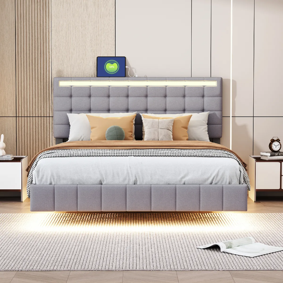 Lit adulte 160x200 cm LED, capitonné lin gris doux, tête de lit, sans matelas Lit adulte 160x200 cm LED, capitonné lin gris doux, tête de lit, sans matelas