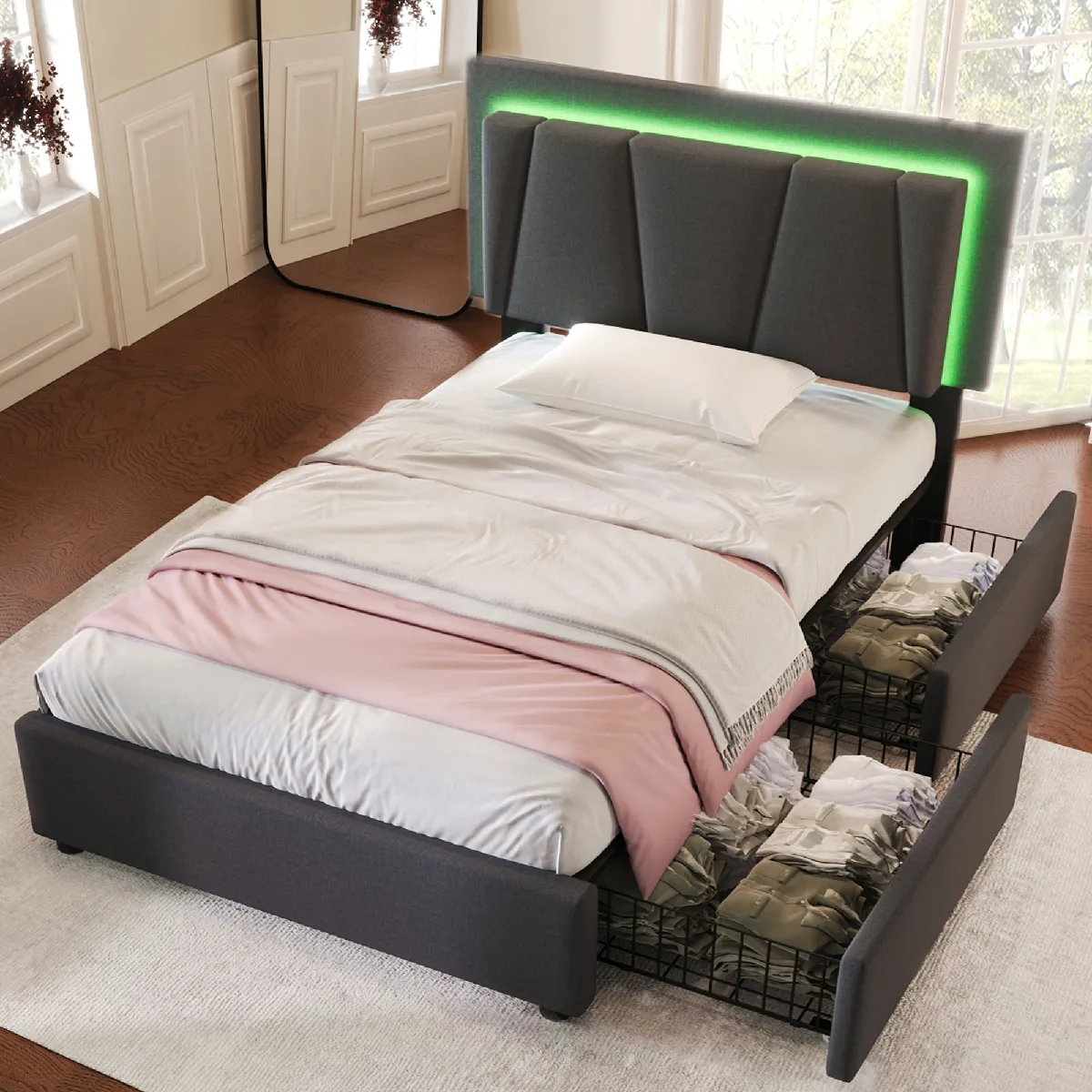 Lit 90x200 cm avec 2 tiroirs, lit capitonné gris LED réglable, sans matelas