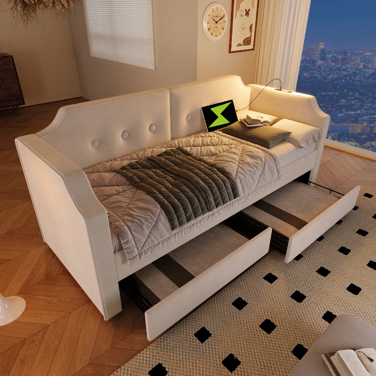 Lit banquette 90x200 cm Lit simple tiroirs - Beige