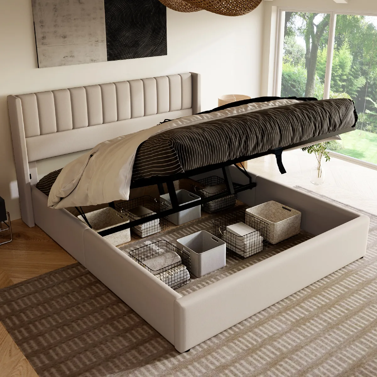 Lit coffre 160x200 cm Lit sommier à lattes - Beige Lit coffre 160x200 cm Lit sommier à lattes - Beige