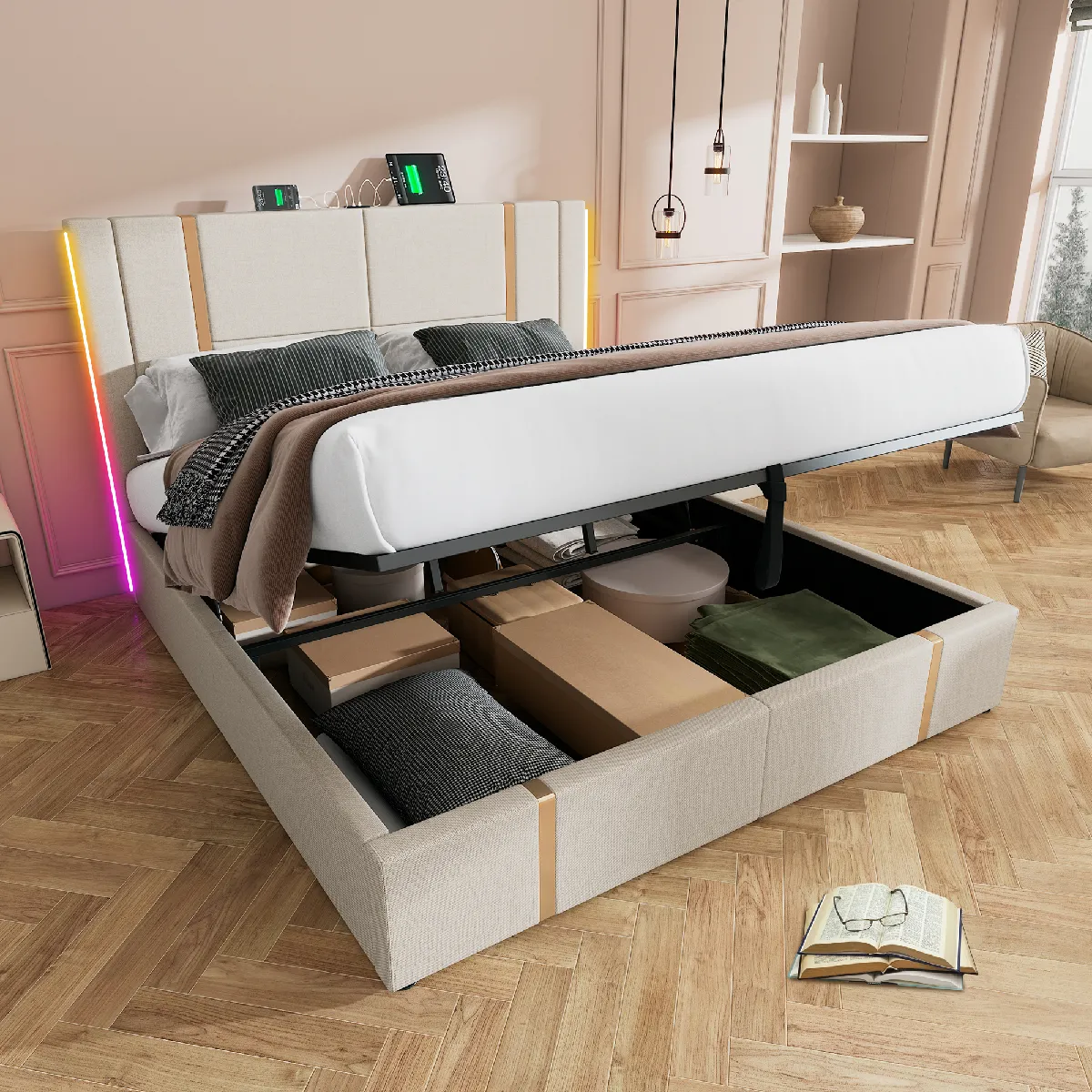 Lit coffre capitonné simple 160x200 cm, LED, USB-C, contrôle APP, sommier bois, lin, beige, sans matelas Lit coffre capitonné simple 160x200 cm, LED, USB-C, contrôle APP, sommier bois, lin, beige, sans matelas
