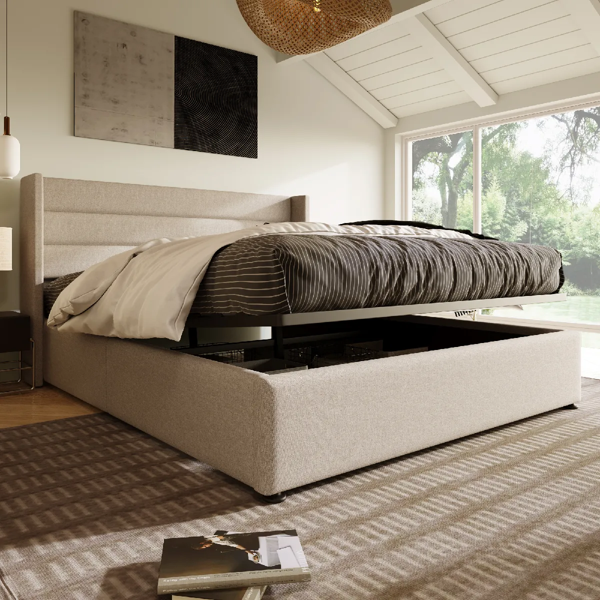 Lit coffre 180x200 cm Lit avec sommier - Beige Lit coffre 180x200 cm Lit avec sommier - Beige