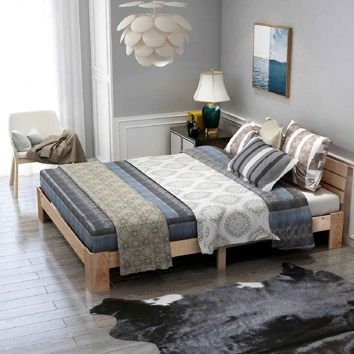 Lit bois 140x200 cm avec tête de lit et sommier–Couleur bois sans matelas Lit bois 140x200 cm avec tête de lit et sommier–Couleur bois sans matelas