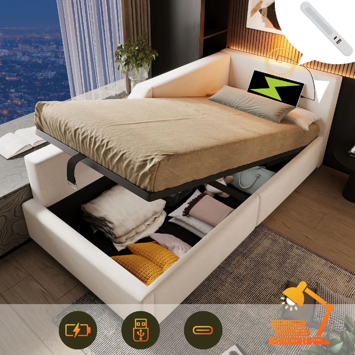 Lit coffre 90x190 cm - Lit rembourré - Beige Lit coffre 90x190 cm - Lit rembourré - Beige