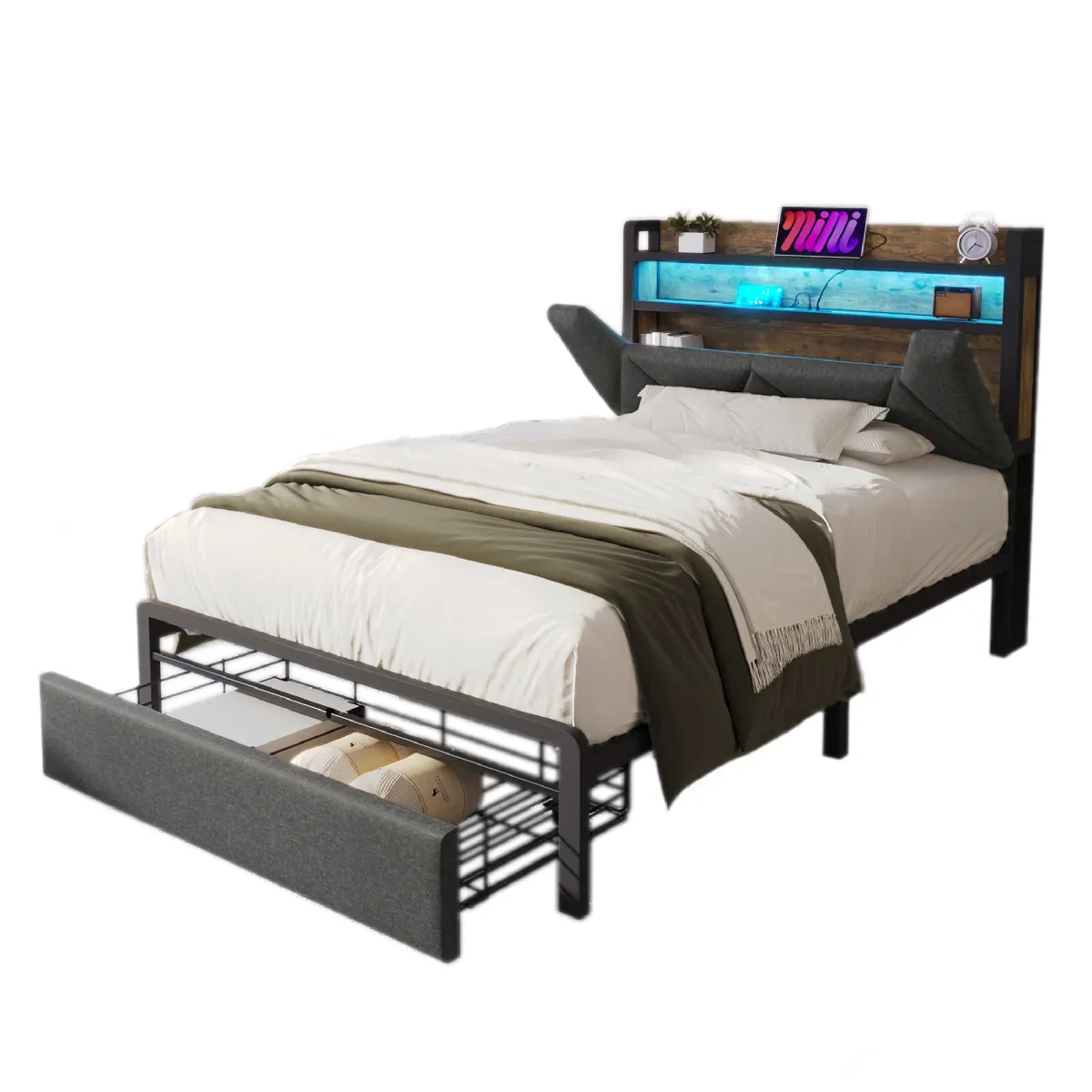 Lit avec rangement 90 x 200 cm Lit minimaliste - Gris Lit avec rangement 90 x 200 cm Lit minimaliste - Gris