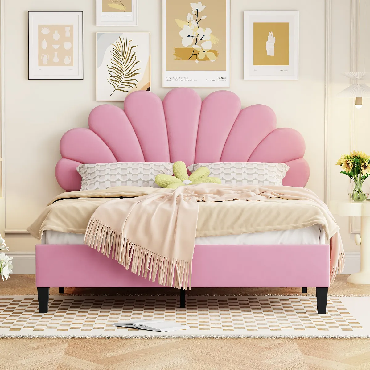 Lit double 140x200 cm Lit enfant velours décoratif - Rose Lit double 140x200 cm Lit enfant velours décoratif - Rose