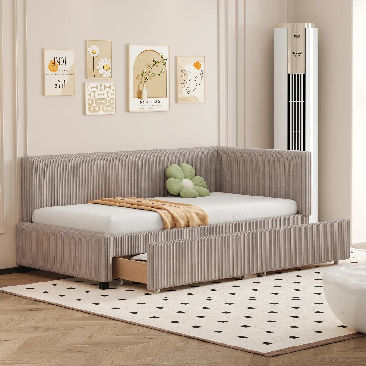 Canapé-lit 90x200 cm, capitonné gris, 2 tiroirs, sommier lattes, velours doux, sans matelas Canapé-lit 90x200 cm, capitonné gris, 2 tiroirs, sommier lattes, velours doux, sans matelas