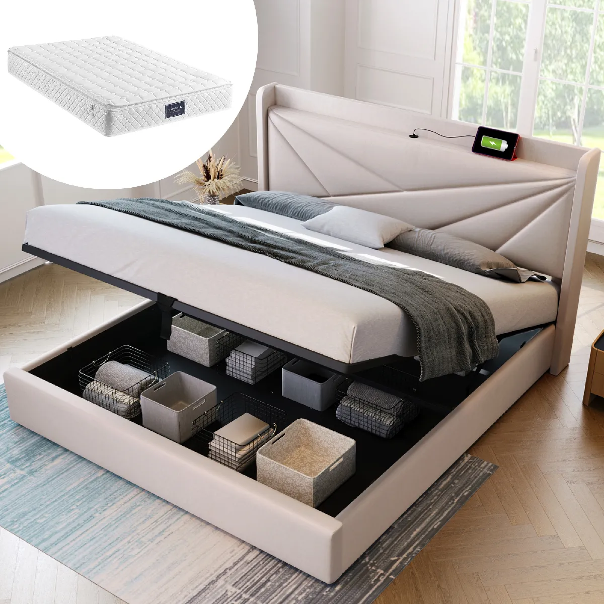 Lit coffre 160x200 cm Lit adulte - Beige Lit coffre 160x200 cm Lit adulte - Beige