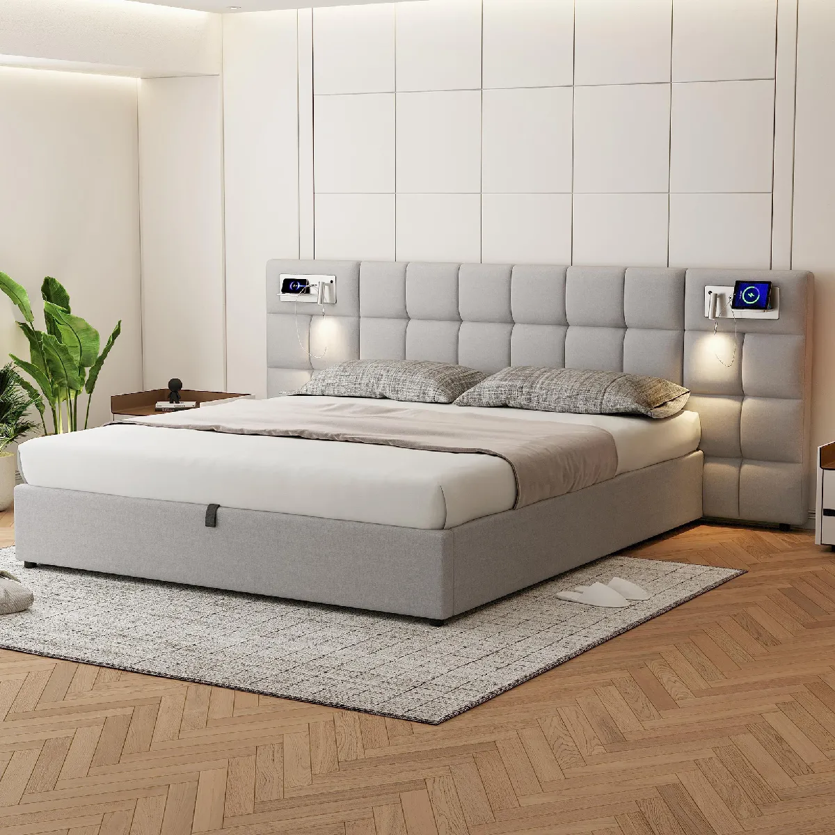 Lit coffre adulte capitonné hydraulique 180x200 cm, USB, recharge sans fil, lampe, lin gris, sans fond Lit coffre adulte capitonné hydraulique 180x200 cm, USB, recharge sans fil, lampe, lin gris, sans fond