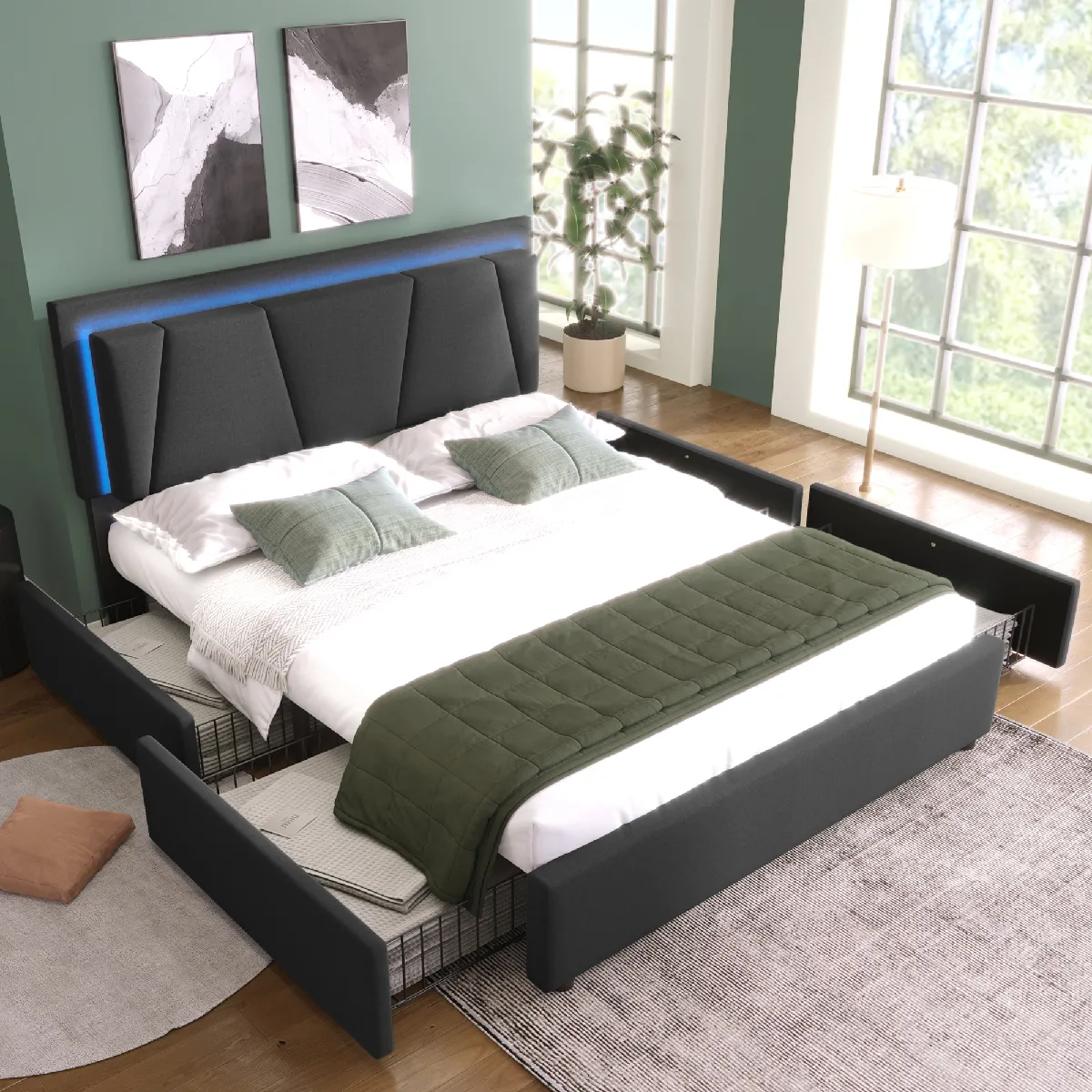 Lit 140x200 cm avec 4 tiroirs, lit capitonné gris LED réglable, sans matelas