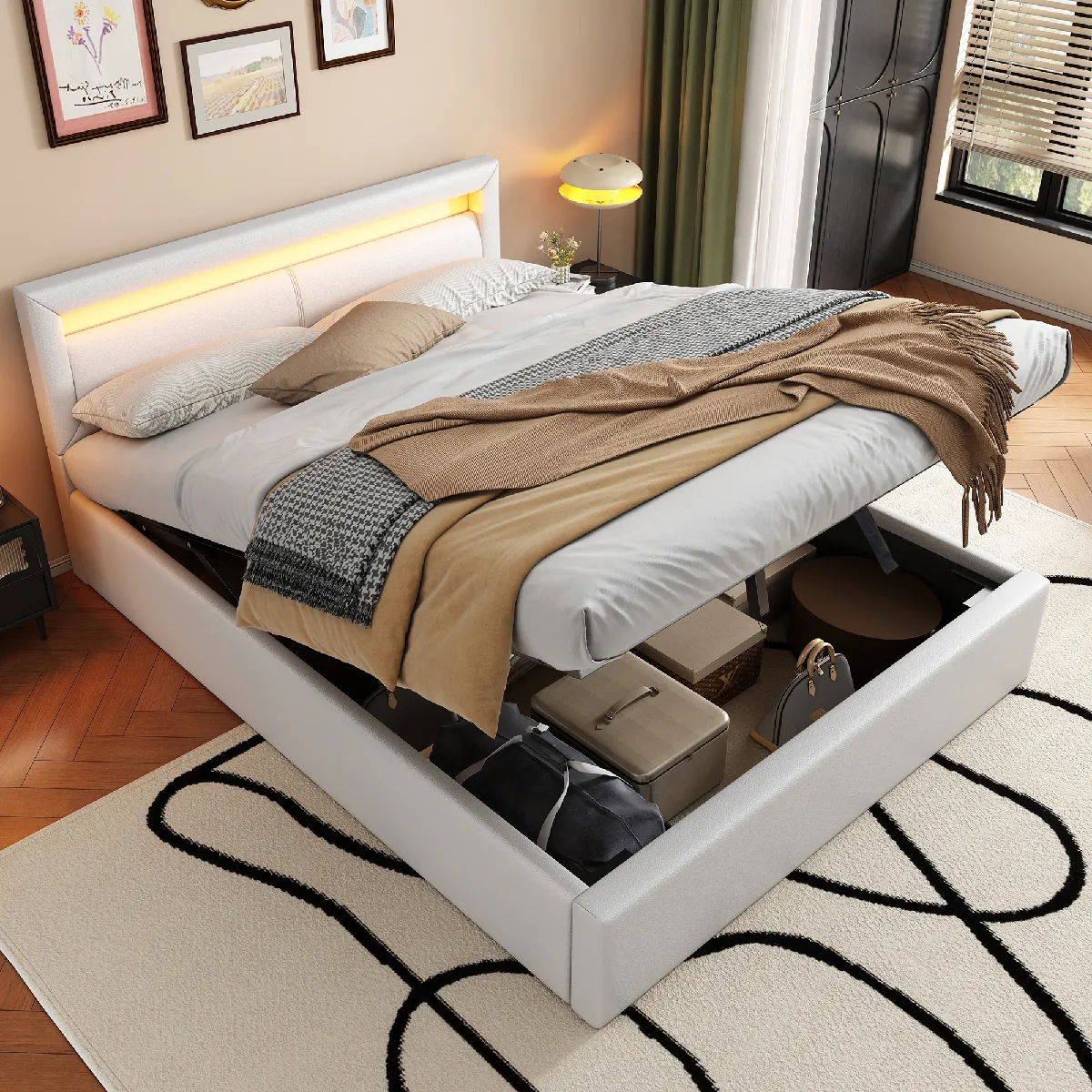 Lit coffre LED 140x200 cm capitonné simili cuir–Blanc sans fond sans matelas Lit coffre LED 140x200 cm capitonné simili cuir–Blanc sans fond sans matelas