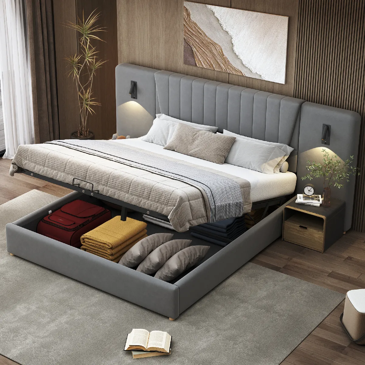 Lit coffre 180x200 cm, double capitonné gris, lampe lecture, USB, velours, sans matelas