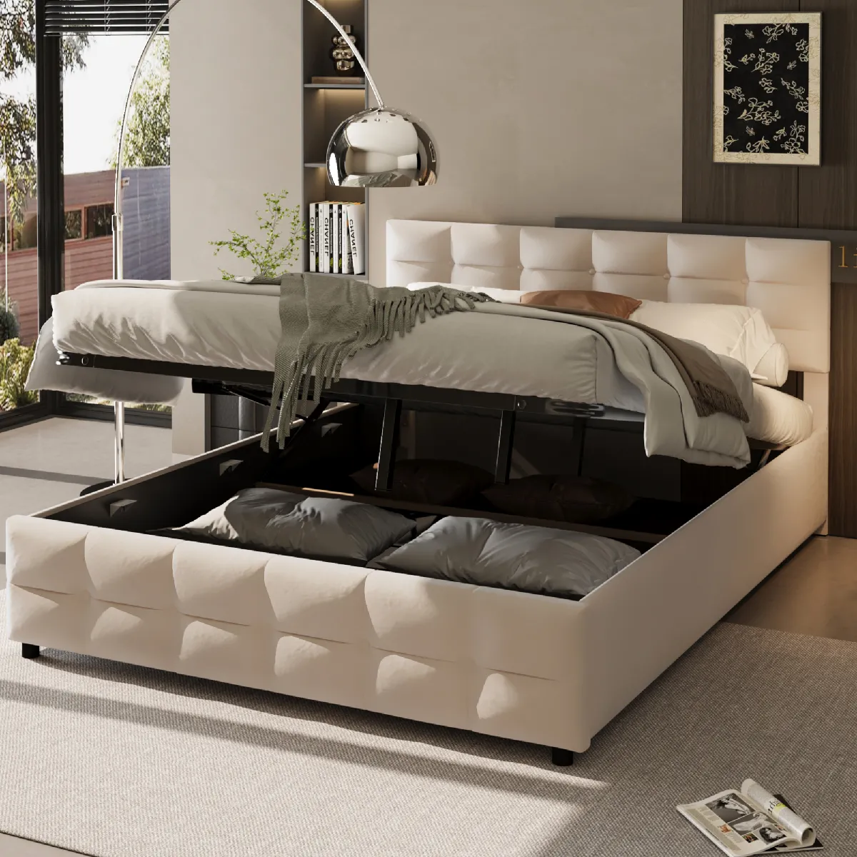 Lit coffre 180x200 cm, adulte, capitonné beige, sommier lattes, velours hollandais Lit coffre 180x200 cm, adulte, capitonné beige, sommier lattes, velours hollandais