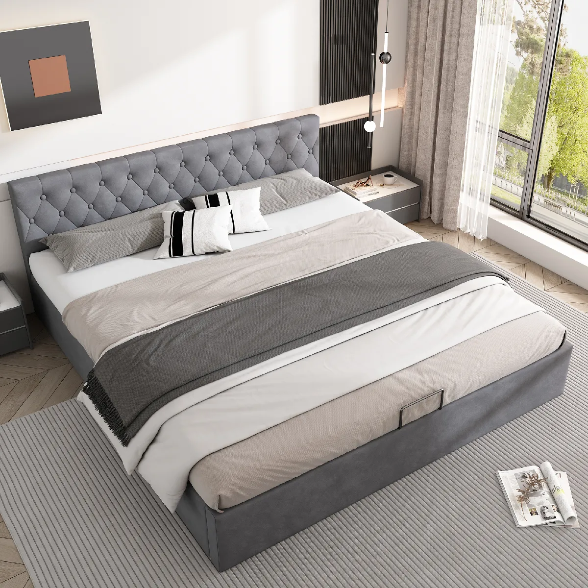 Lit coffre velours 180x200 cm capitonné–Gris sans matelas