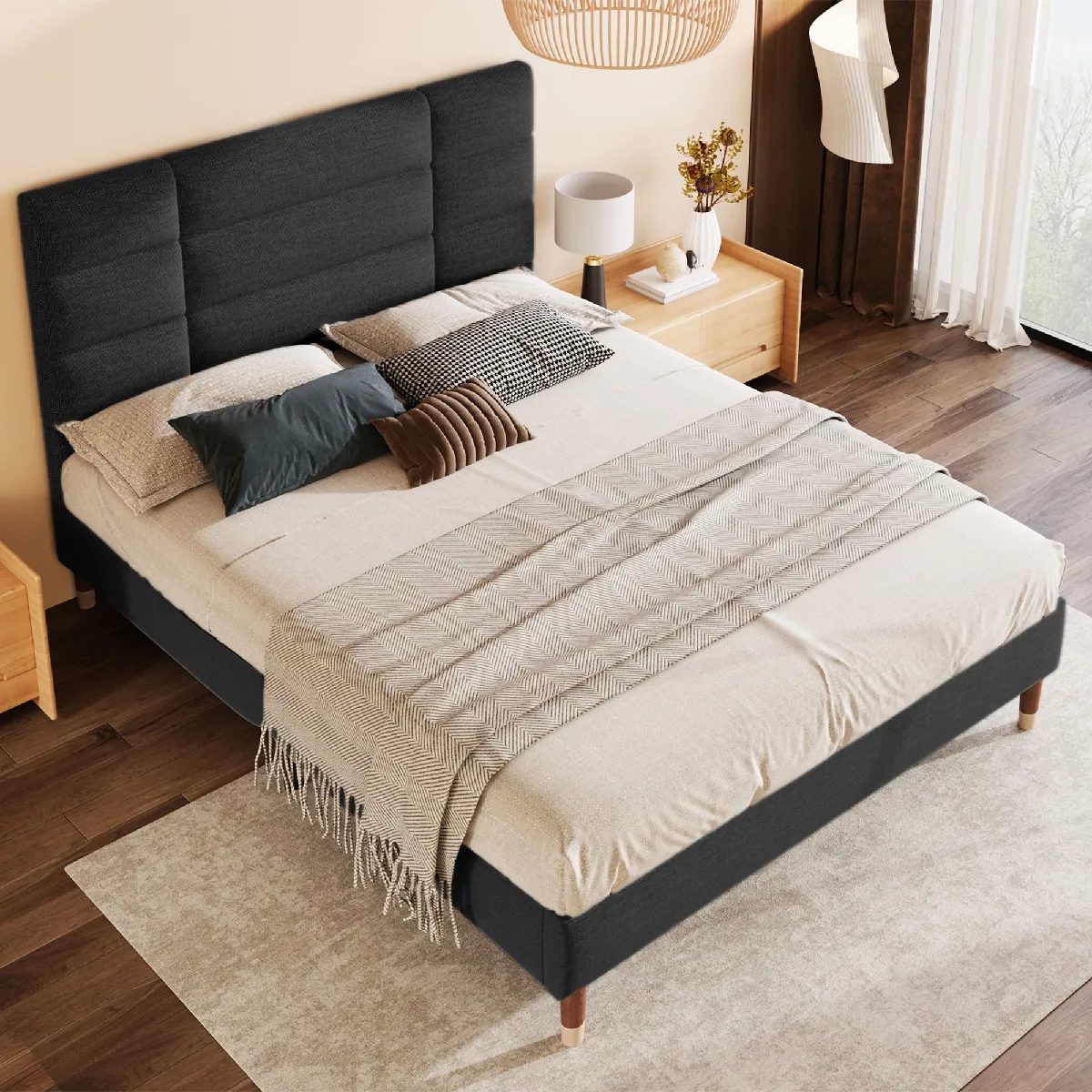 Lit double 140 x 200 cm - Lit avec rangement sous le lit - Noir Lit double 140 x 200 cm - Lit avec rangement sous le lit - Noir