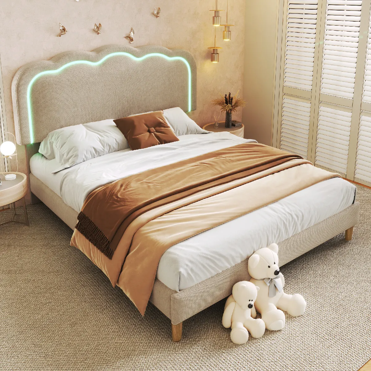 Lit double 140x200 cm Lit tête LED - Beige Lit double 140x200 cm Lit tête LED - Beige