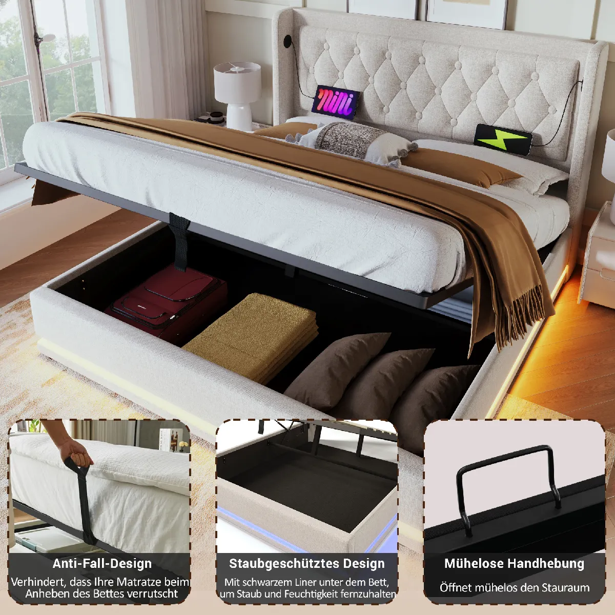 Lit coffre 160x200cm en tissu lin avec port USB - tête de lit et sommier à lattes