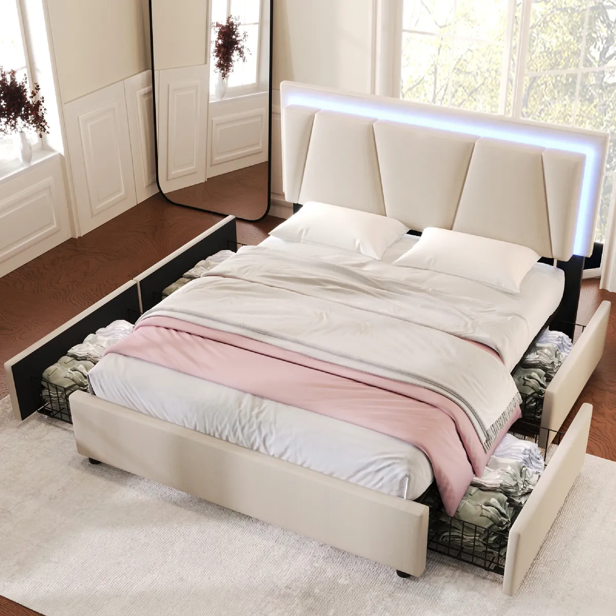 Lit 140x200 cm avec 4 tiroirs, lit capitonné beige LED réglable, sans matelas