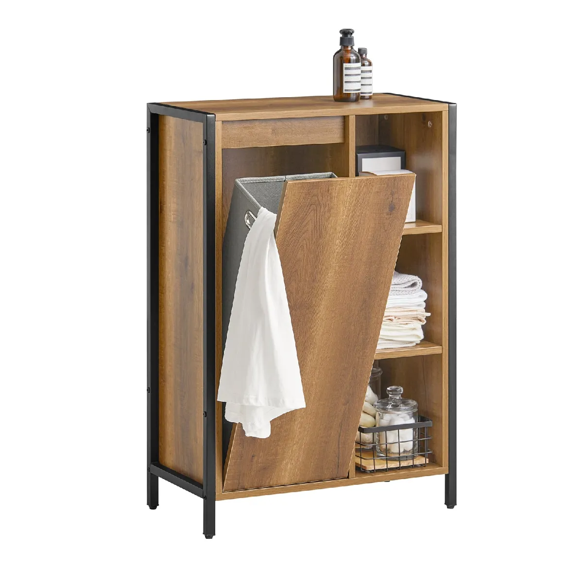 SoBuy BZR65-PF Meuble Bas de Salle de Bain avec Bac à Linge Armoire à Lingeavec 3 Compartiments et 1 Panier à Linge, Style Industriel, 60x30x90 cm