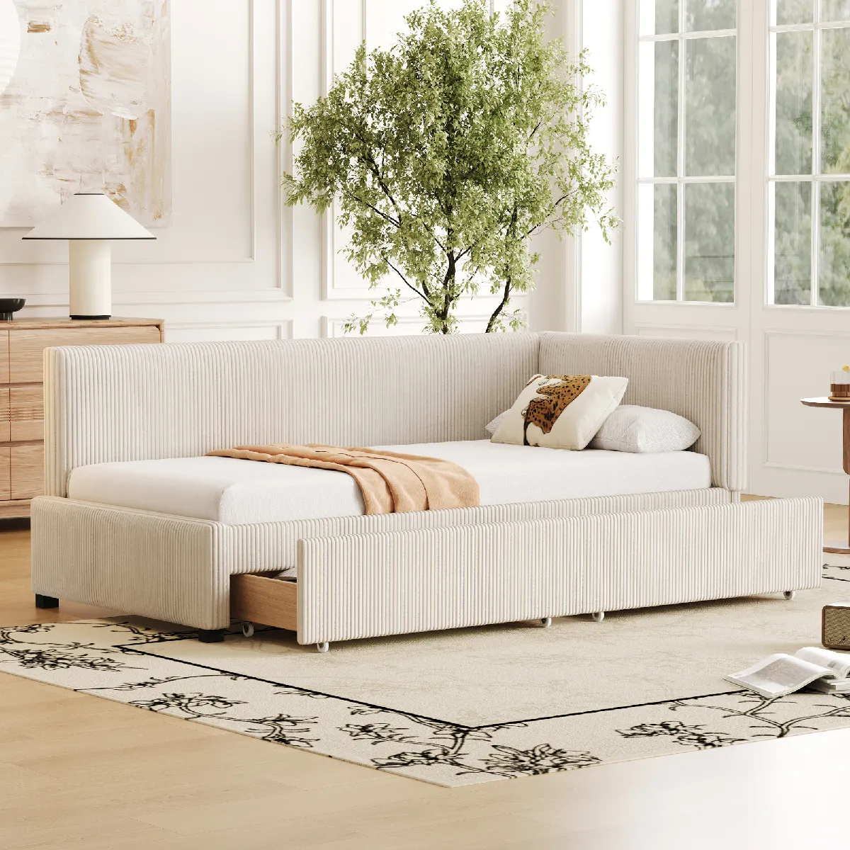 Canapé-lit 90x200 cm, capitonné beige, 2 tiroirs, sommier lattes, velours doux, sans matelas Canapé-lit 90x200 cm, capitonné beige, 2 tiroirs, sommier lattes, velours doux, sans matelas