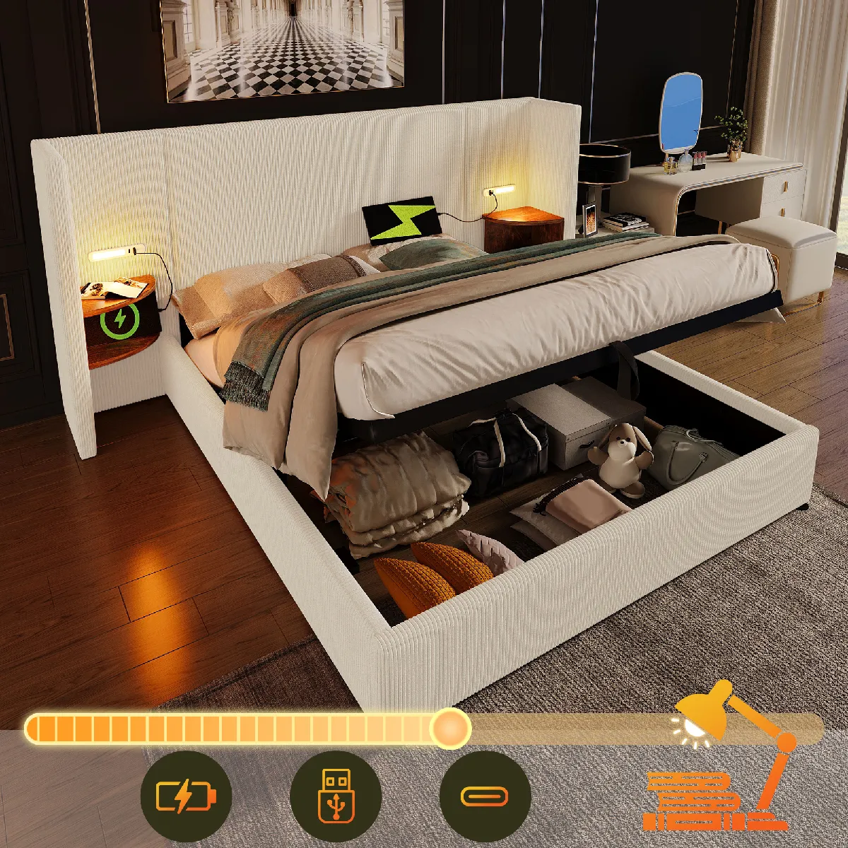 Lit coffre 180x200 cm Lit table de chevet - Beige Lit coffre 180x200 cm Lit table de chevet - Beige