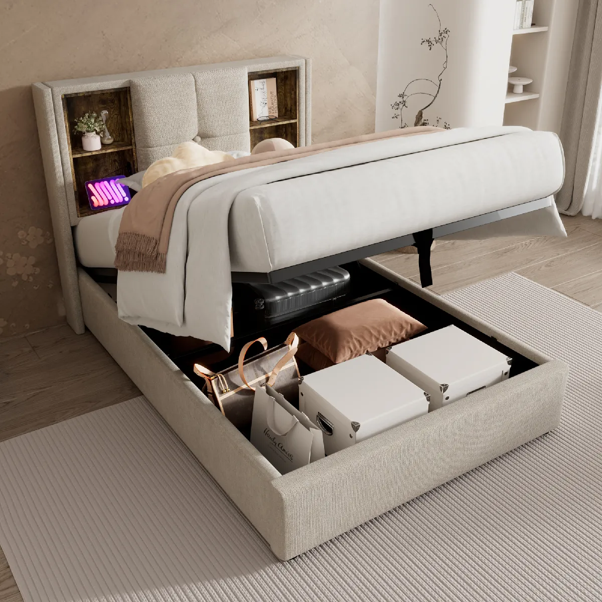 Lit coffre 90x200 cm USB-C sans fil lin naturel Lit coffre 90x200 cm USB-C sans fil lin naturel
