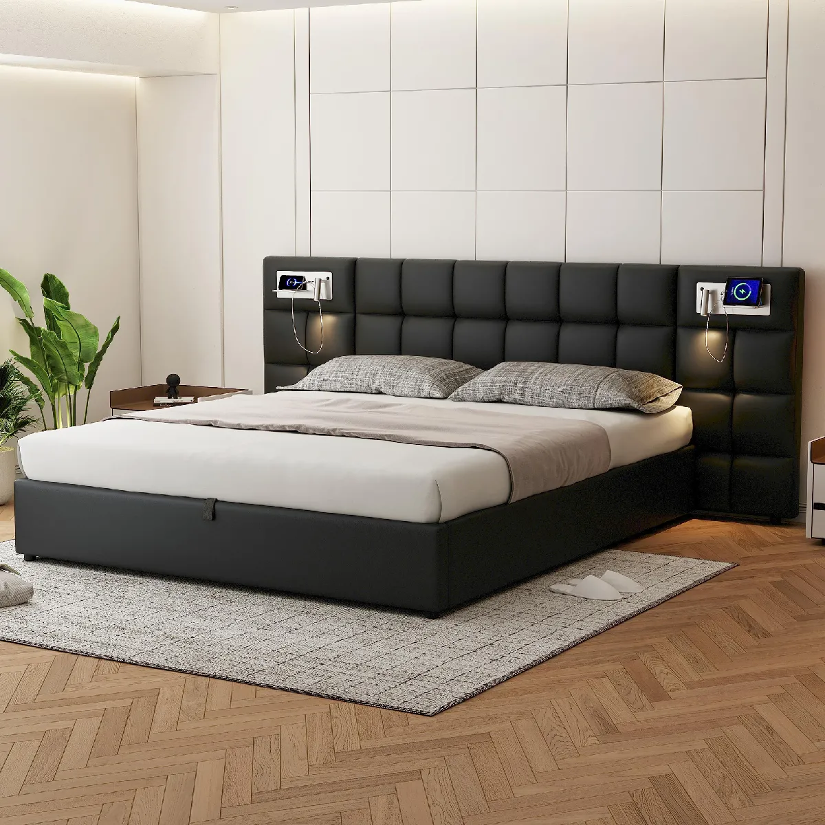 Lit coffre adulte capitonné hydraulique 180x200 cm, USB, recharge sans fil, lampe, PU noir, sans fond Lit coffre adulte capitonné hydraulique 180x200 cm, USB, recharge sans fil, lampe, PU noir, sans fond