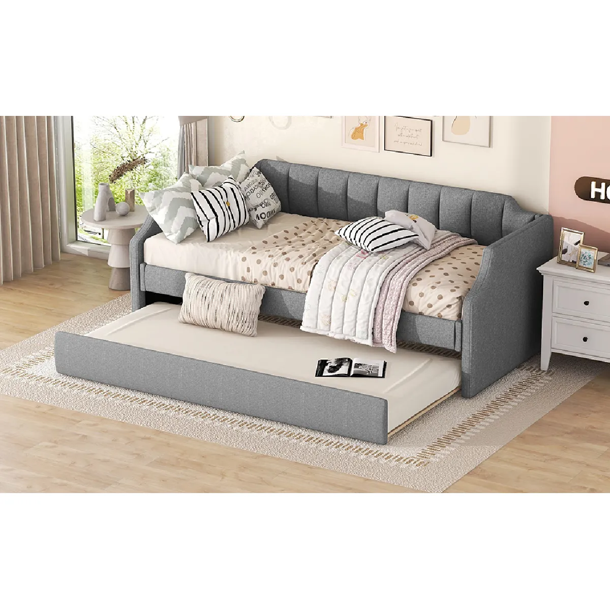 Lit gigogne canapé-lit rembourré 90x200 cm–Gris sans matelas Lit gigogne canapé-lit rembourré 90x200 cm–Gris sans matelas