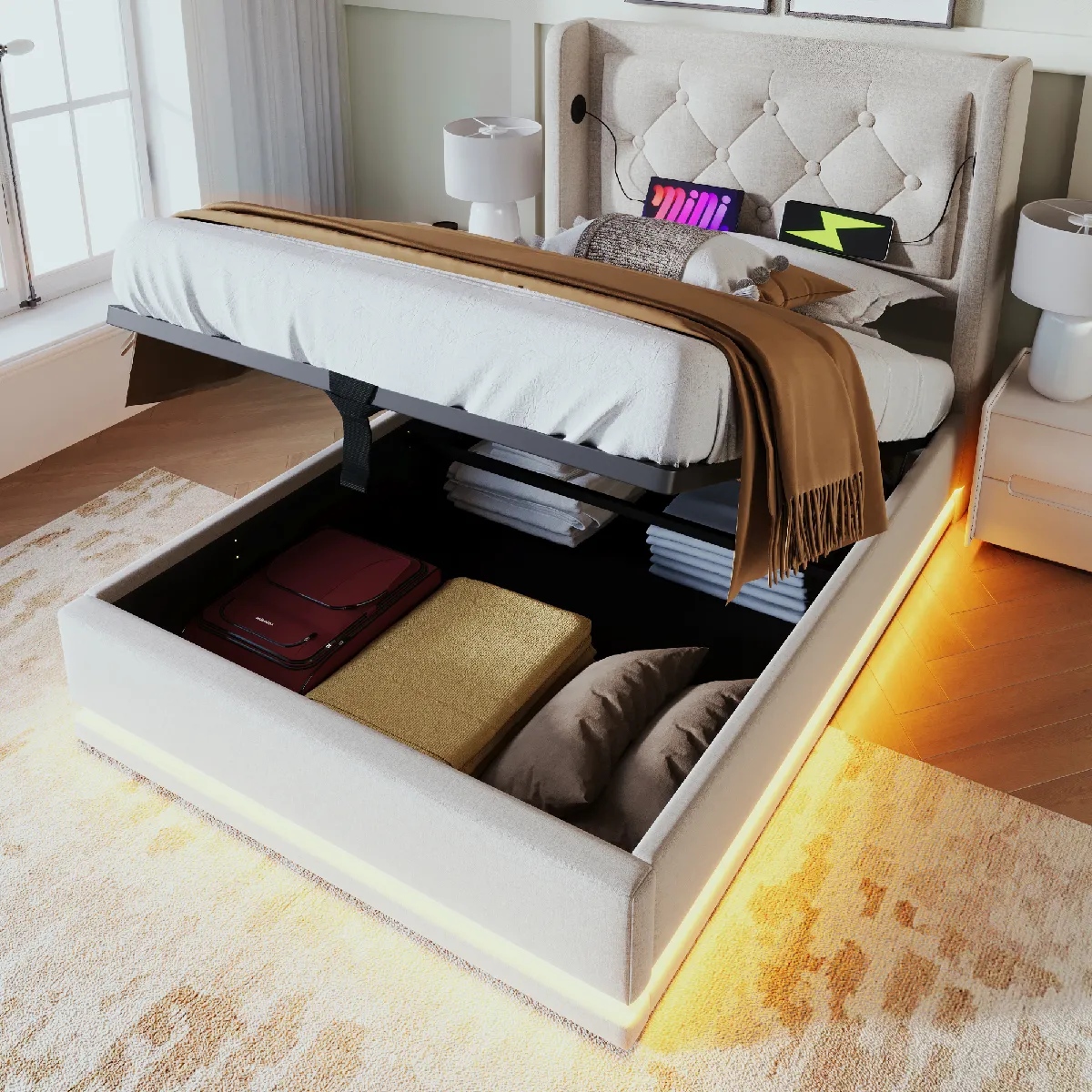 Lit coffre 90x200 cm Lit capitonné LED - Beige