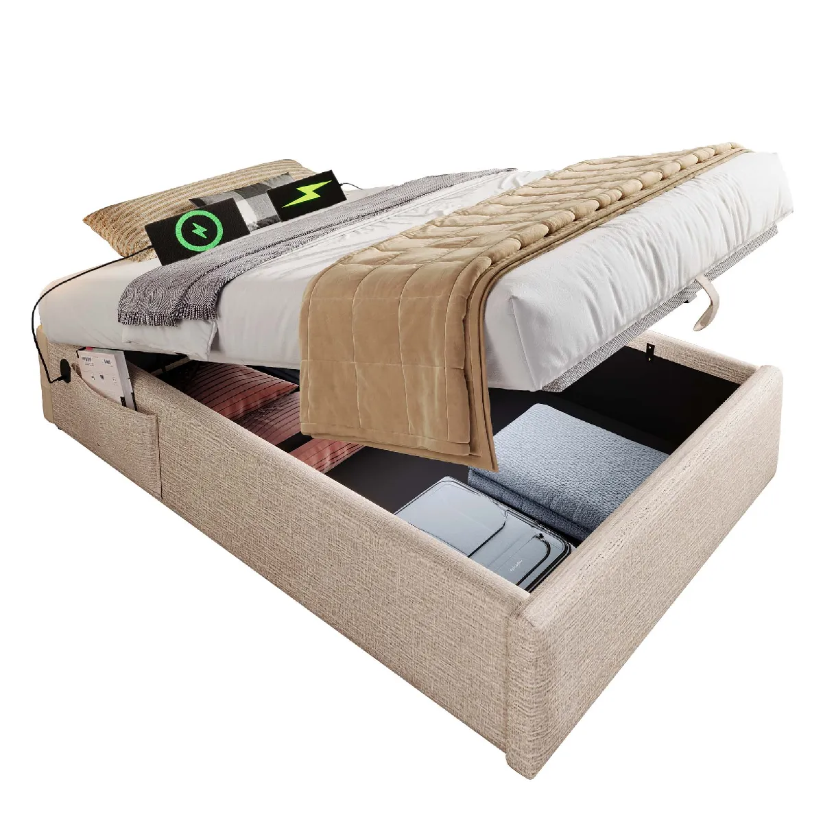 Lit coffre 90x200 cm Lit avec sommier - Naturel Lit coffre 90x200 cm Lit avec sommier - Naturel