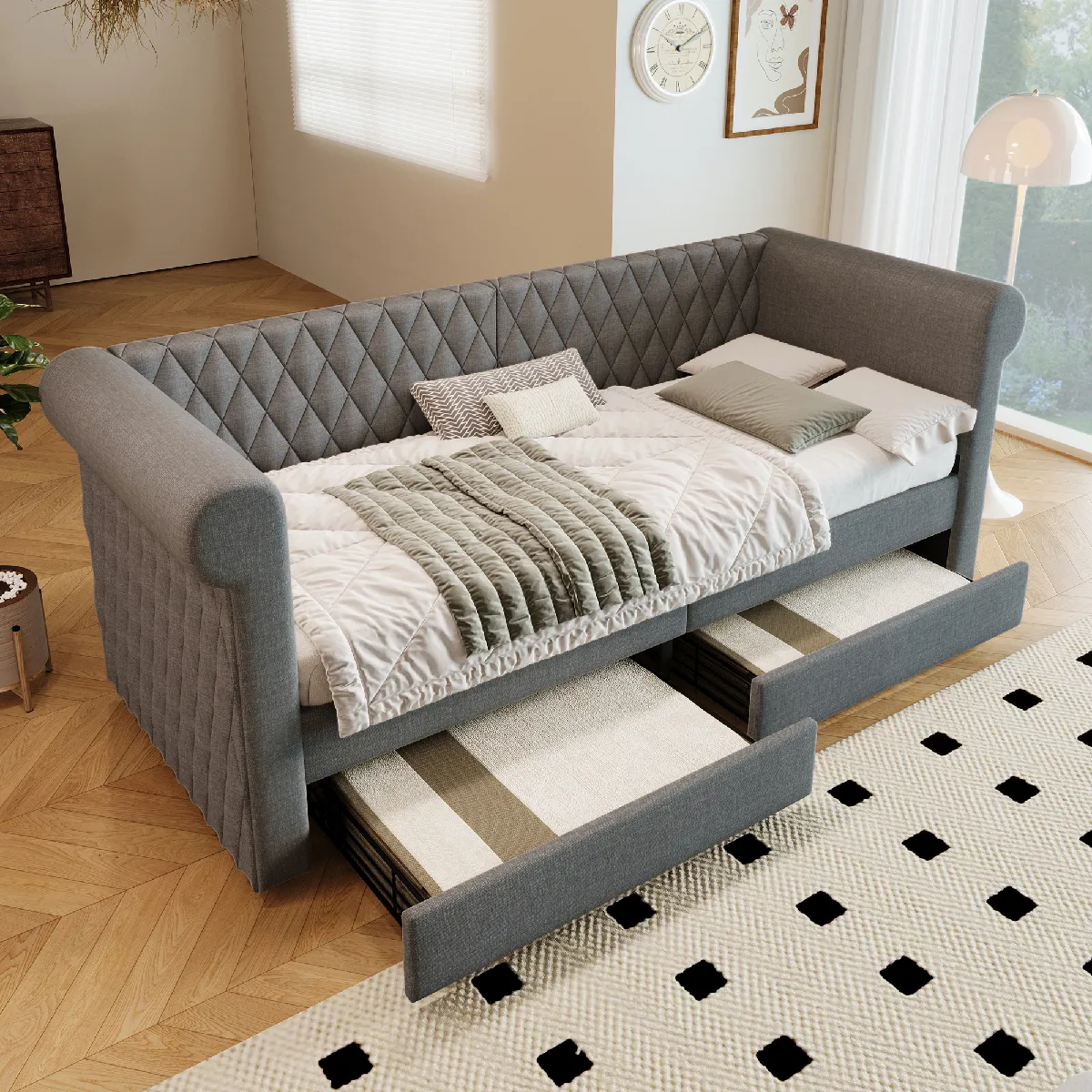 Lit banquette 90x200 cm Lit simple deux tiroirs - Gris
