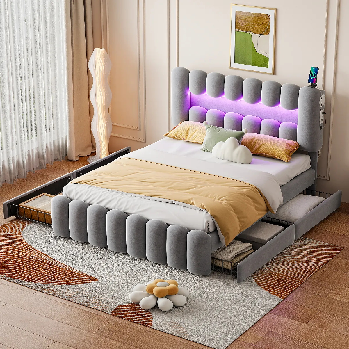 Lit avec rangement 160x200 cm - Lit double - Gris