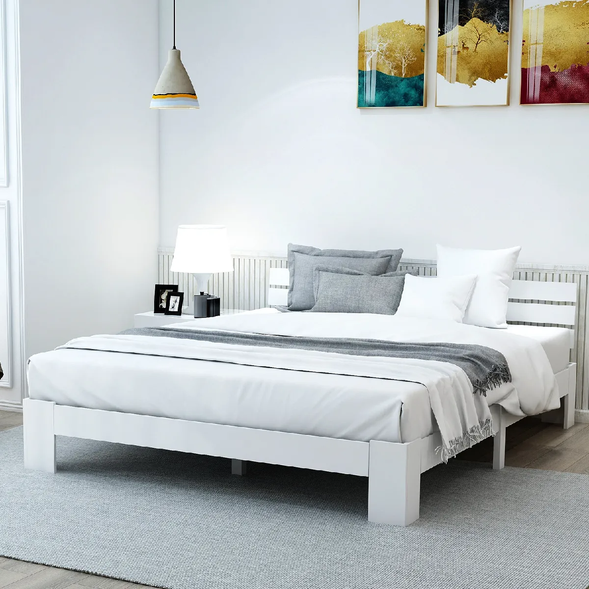 Lit double 140x200 cm Lit en bois tête de lit - Blanc Lit double 140x200 cm Lit en bois tête de lit - Blanc