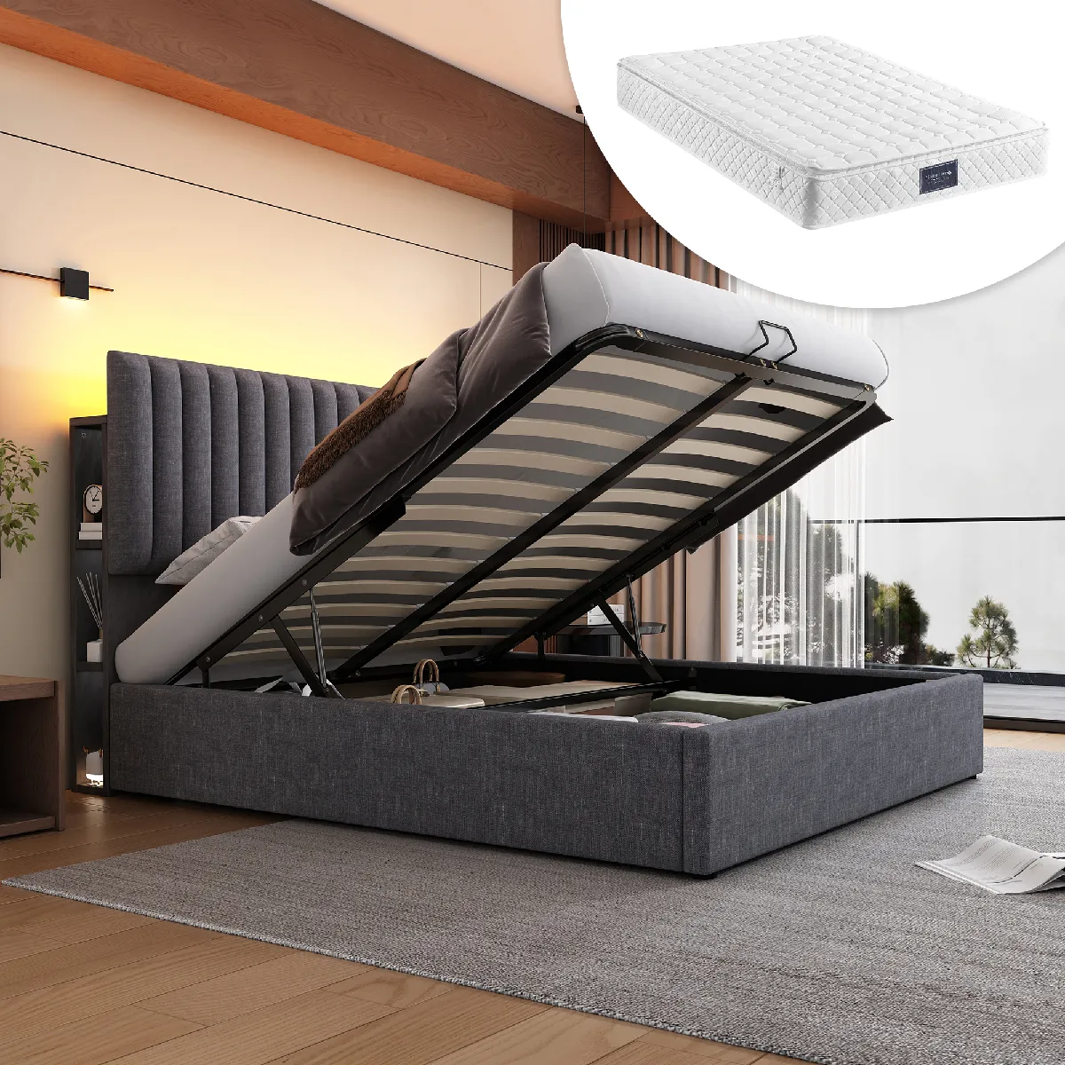 Lit coffre rembourré 160x200 cm LED USB Type-C gris avec matelas Lit coffre rembourré 160x200 cm LED USB Type-C gris avec matelas