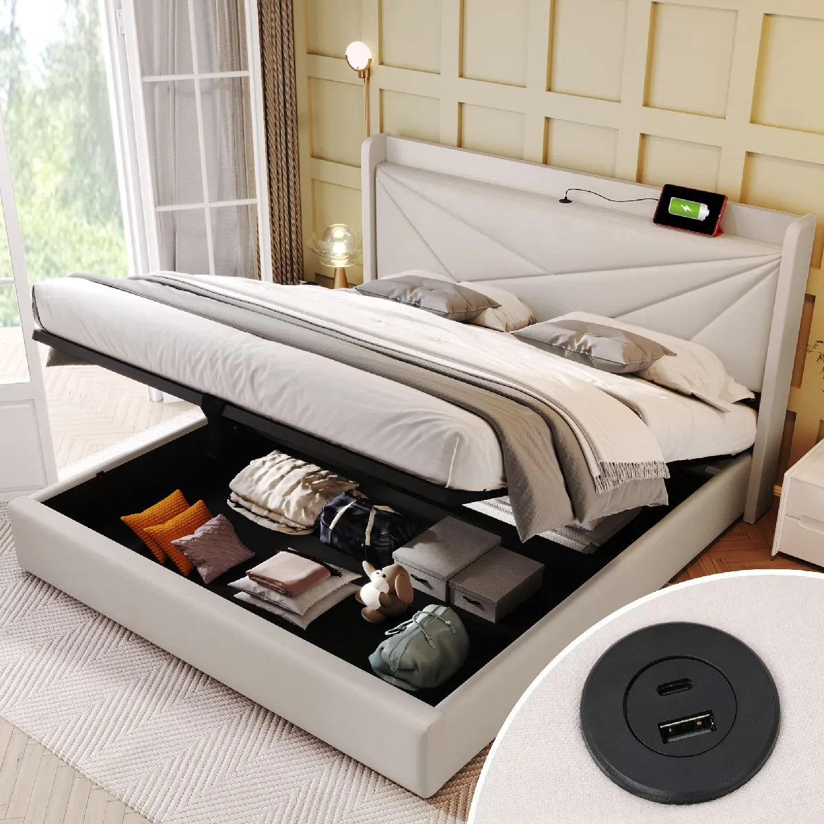 Lit coffre 160x200 cm Lit adulte - Beige Lit coffre 160x200 cm Lit adulte - Beige