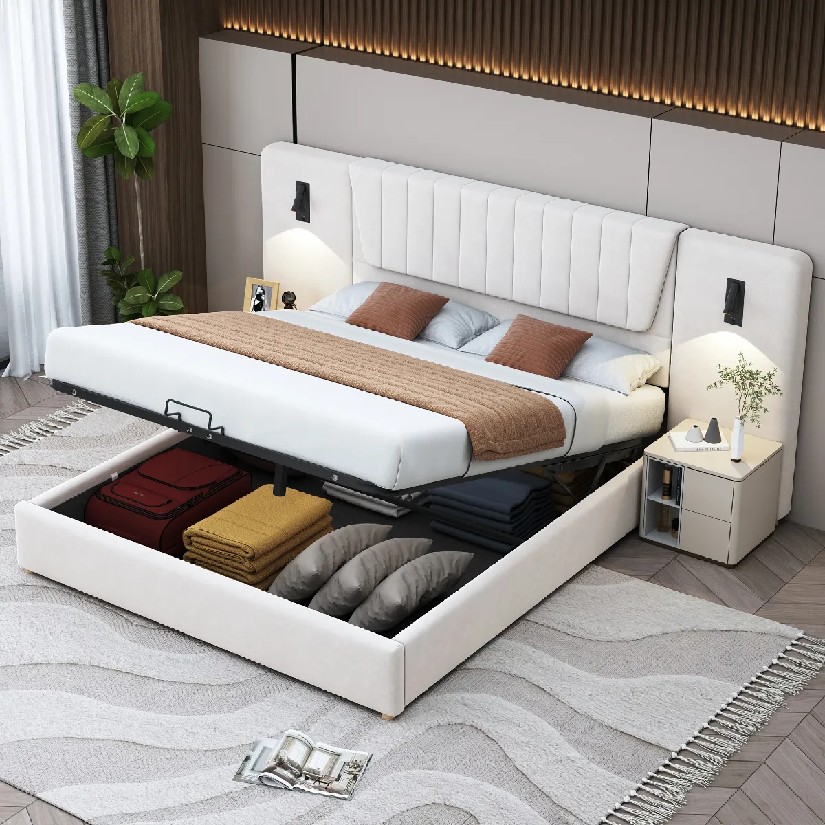 Lit coffre 180x200 cm, double capitonné beige, lampe lecture, USB, velours, sans matelas