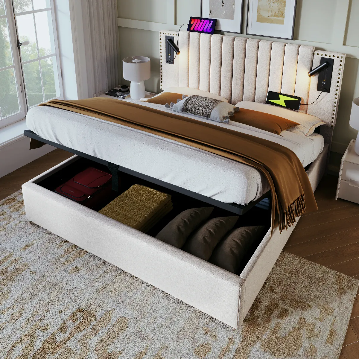Lit coffre 160x200 cm Sans matelas - Lit capitonné lampe - Beige Lit coffre 160x200 cm Sans matelas - Lit capitonné lampe - Beige