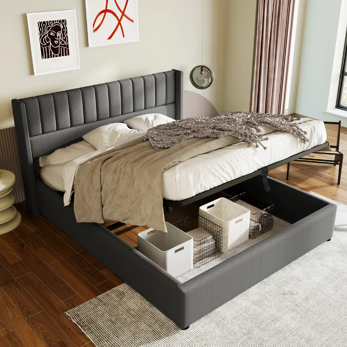 Lit coffre 180x200 cm Lit sommier à lattes - Gris Lit coffre 180x200 cm Lit sommier à lattes - Gris