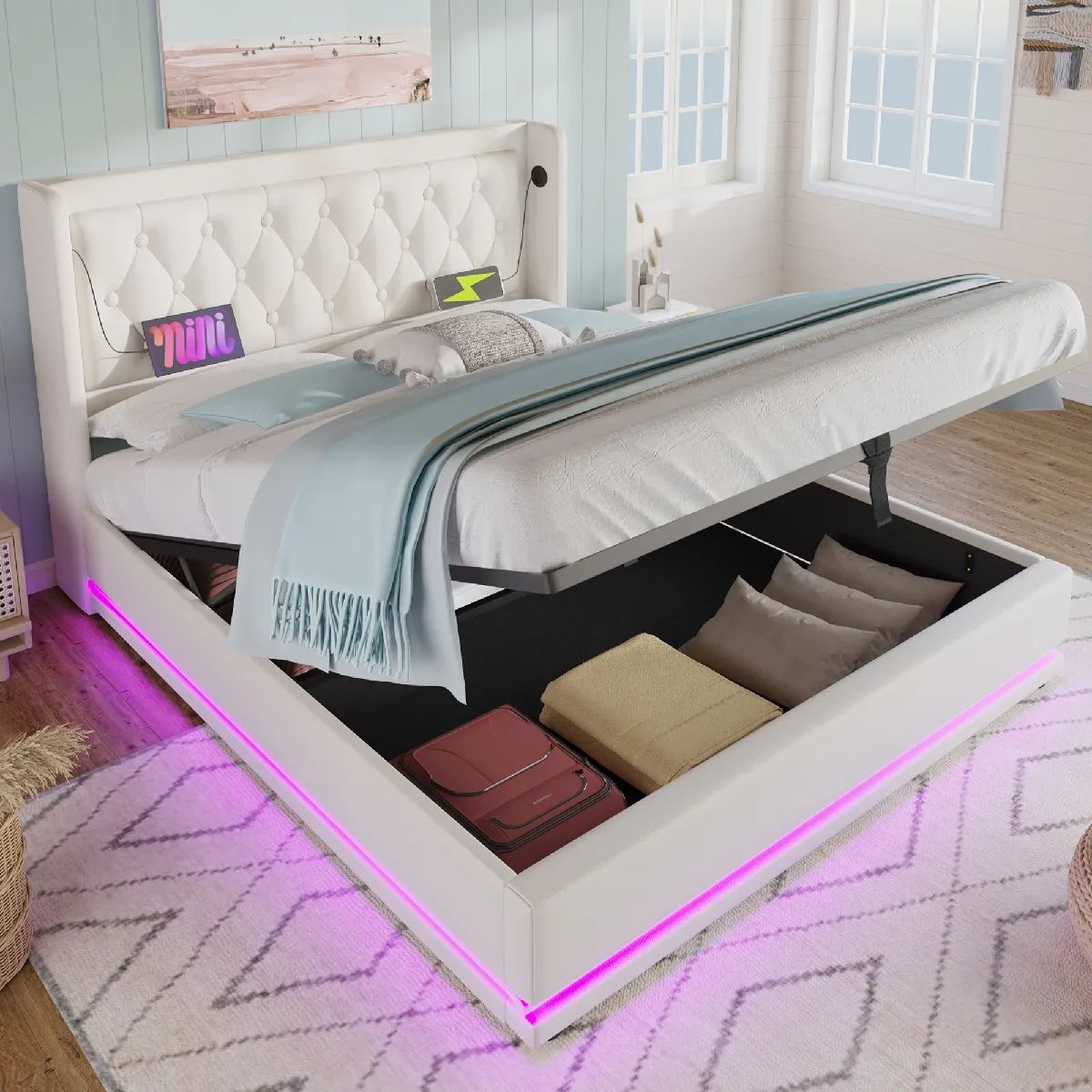 Lit Coffre 160x200 avec LED, Lit Rembourré en Velours Cadre de lit avec Lit Coffre 160x200 avec LED, Lit Rembourré en Velours Cadre de lit avec