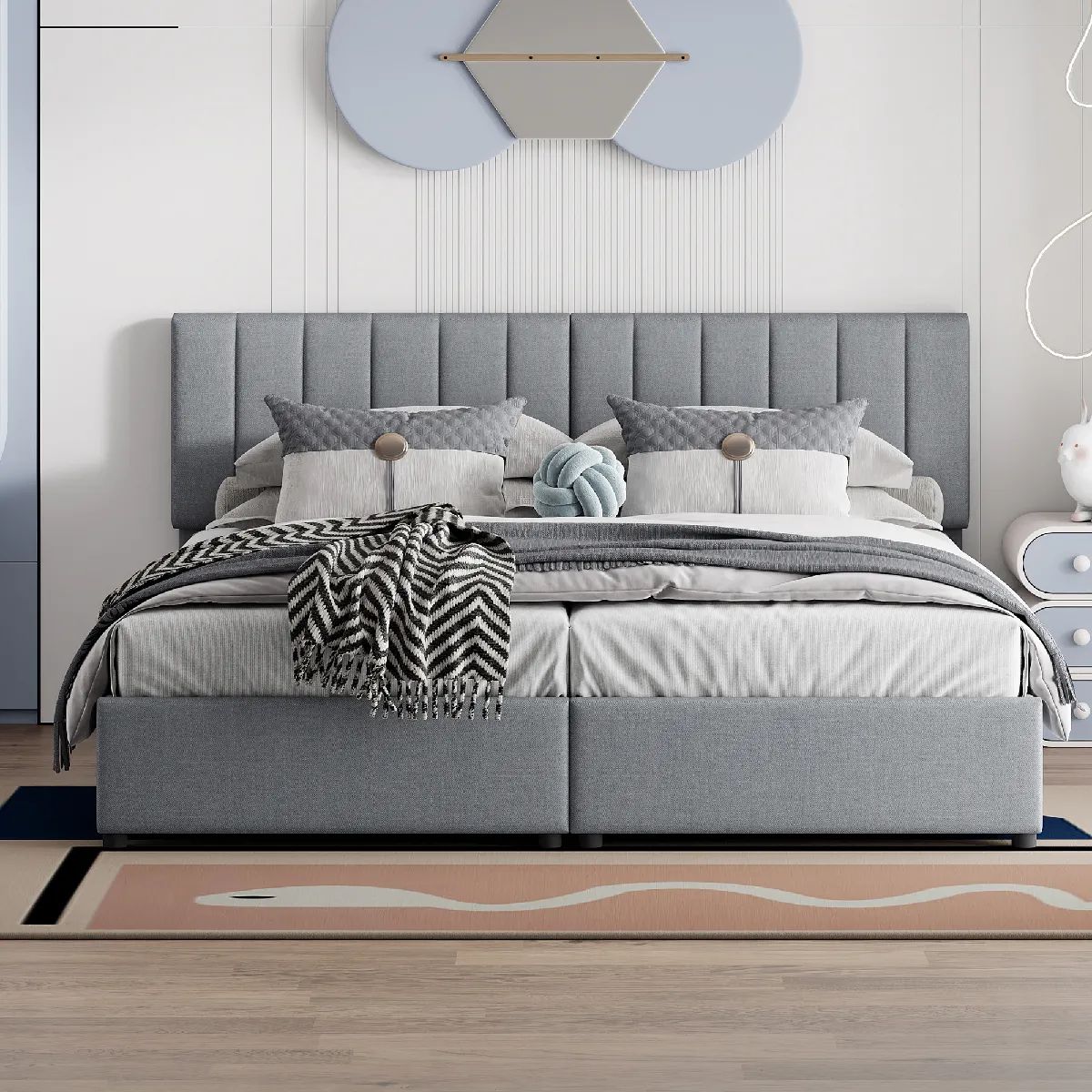 Lit adulte 140x200 cm LED, capitonné lin gris doux, tête de lit, sans matelas Lit adulte 140x200 cm LED, capitonné lin gris doux, tête de lit, sans matelas