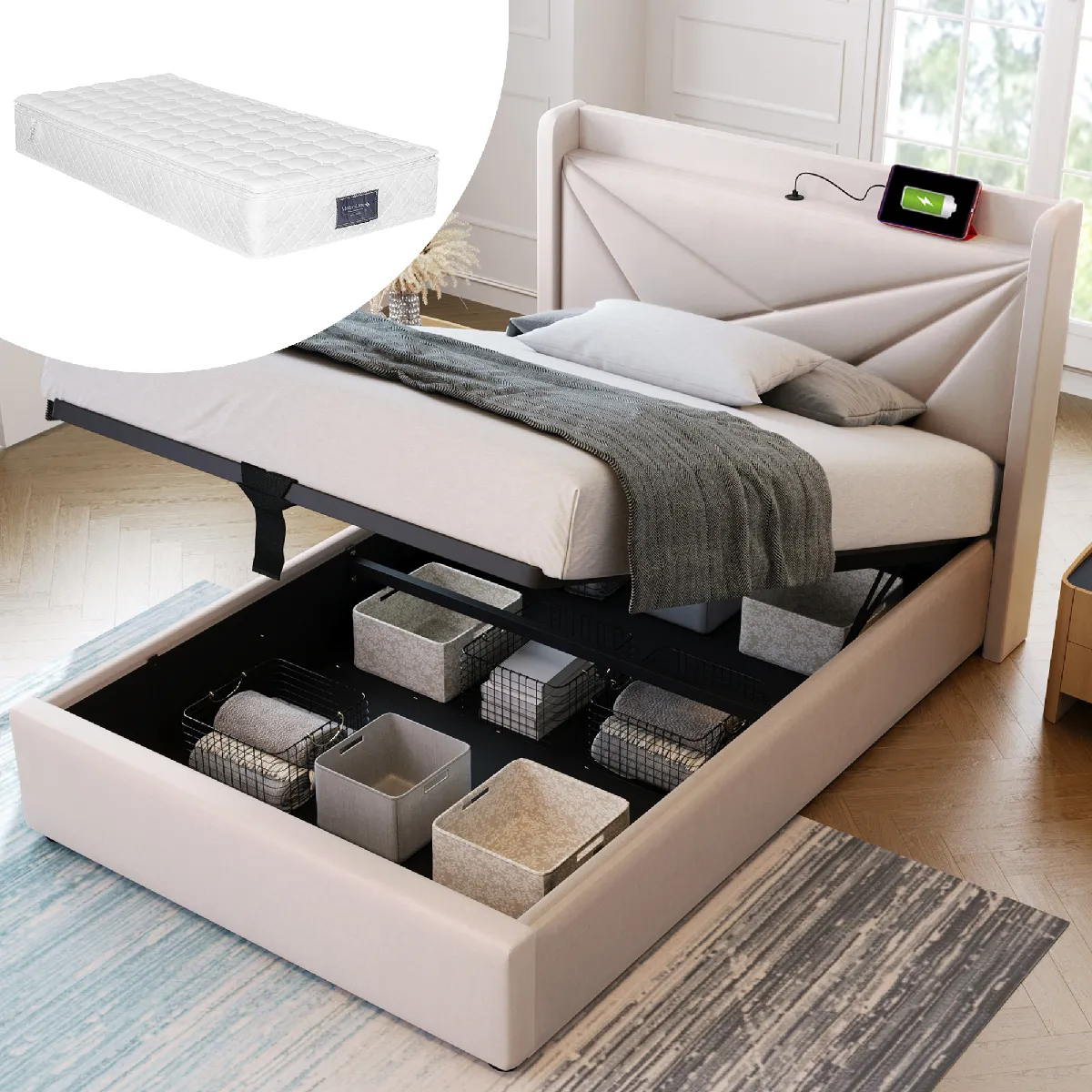 Lit coffre 90x200 cm Lit chambre - Beige Lit coffre 90x200 cm Lit chambre - Beige
