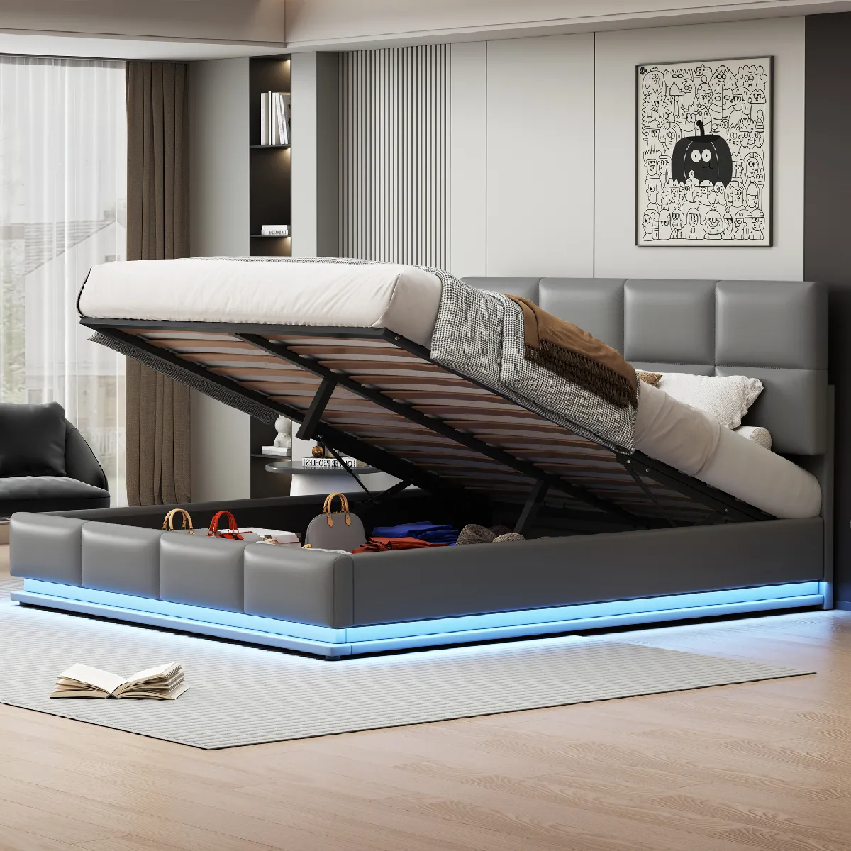 Lit coffre LED 180x200 cm hydraulique capitonné simili cuir–Gris clair sans matelas Lit coffre LED 180x200 cm hydraulique capitonné simili cuir–Gris clair sans matelas