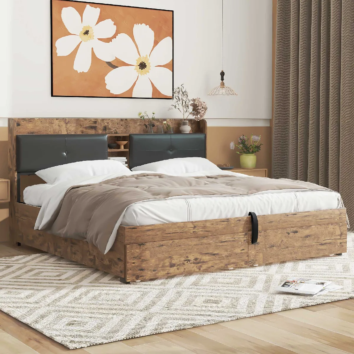 Lit coffre 180x200 en bois avec tête de lit led