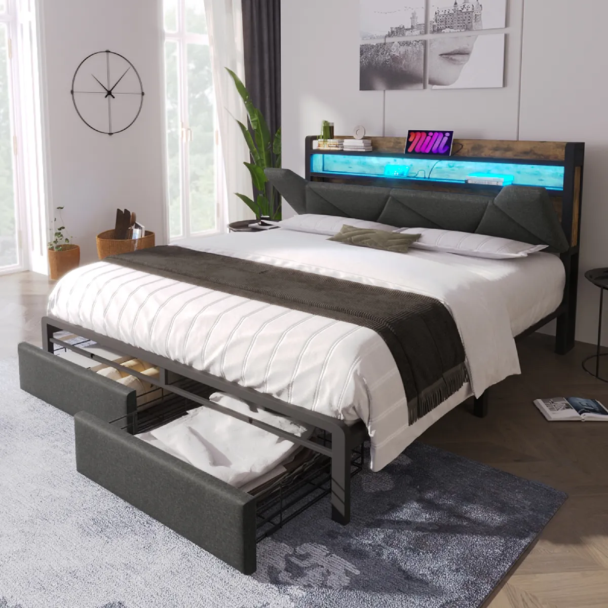 Lit avec rangement 140 x 200 cm Lit simple - Gris Lit avec rangement 140 x 200 cm Lit simple - Gris