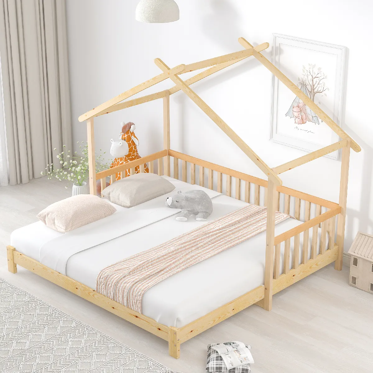 Lit cabane 90 x 200 cm - Lit avec grille - Naturel Lit cabane 90 x 200 cm - Lit avec grille - Naturel