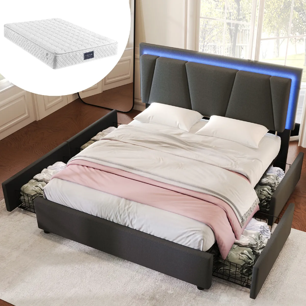 Lit 140x200 cm avec 4 tiroirs, lit capitonné gris LED réglable, matelas inclus