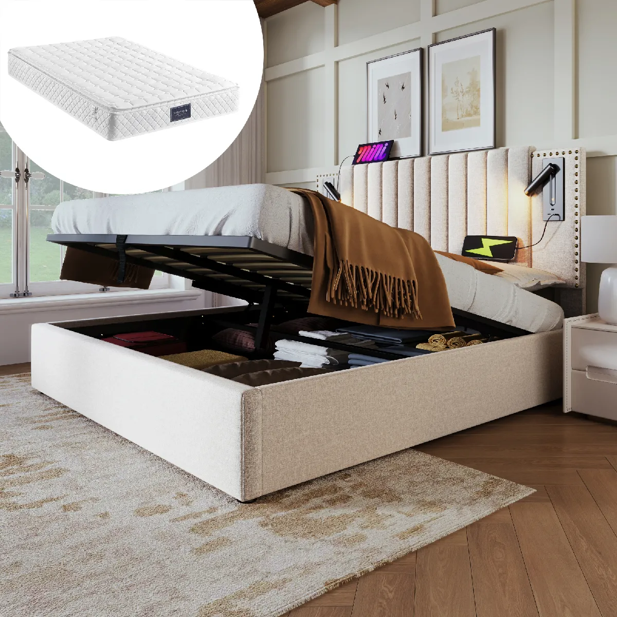 Lit coffre 160x200 cm Matelas inclus - Lit capitonné lampe - Beige Lit coffre 160x200 cm Matelas inclus - Lit capitonné lampe - Beige